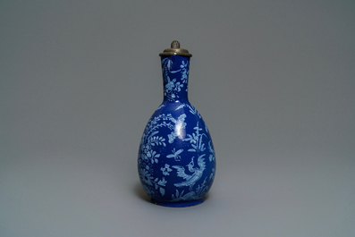 A rare Dutch Delft 'Persian blue' pewter-mounted jug, 17/18th C.